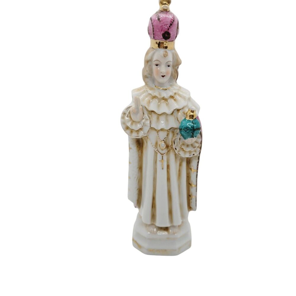 Statue Infant Of Prague 10” Tall Holds Globus Cruciger Bisque Porcelain 1960s
